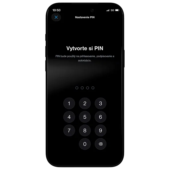 Obrazovka smartfónu so šifrovaným displejom na vytvorenie PIN kódu s číselnou klávesnicou od 0 do 9 a textom v slovenčine o nastavení PIN kódu na prihlásenie, podpisovanie a autorizáciu.
