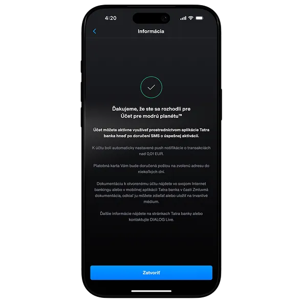 Smartphone screen showing confirmation message in Slovak for activating a 'Blue Planet Account' with details about using Tatra banka app and push notifications, and a blue 'Close' button at the bottom.