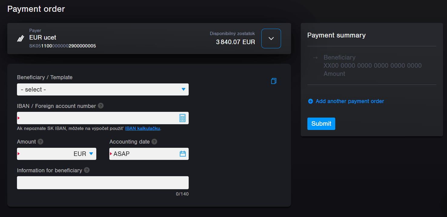 Internet banking - payment order