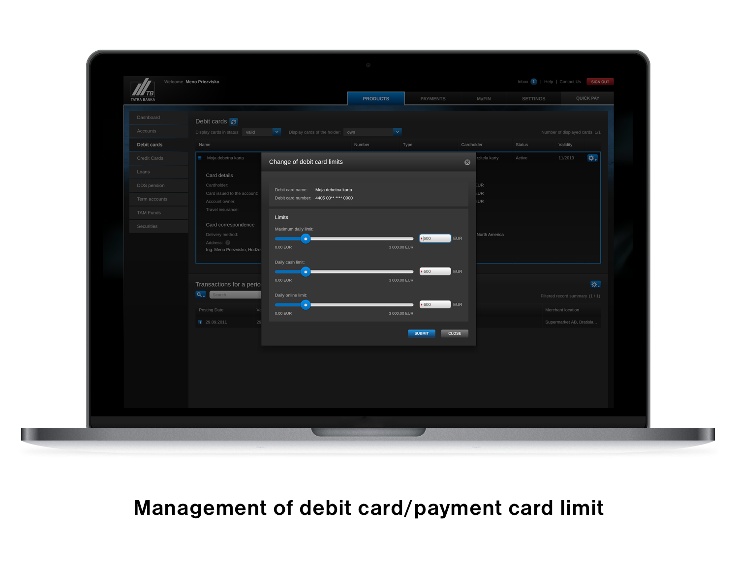 Overview of payment debit cards and their ATM withdrawal or online payment limits | Tatra banka Payment debit card management in i-banking