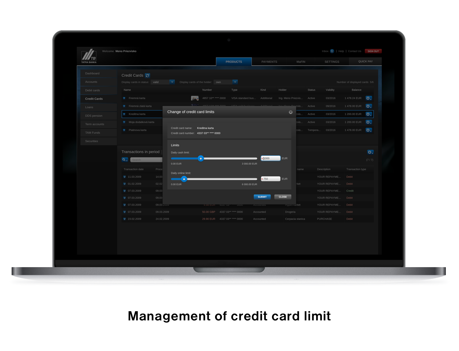 Overview of payment credit cards and their ATM withdrawal or online payment limits | Tatra banka Payment credit card management in i-banking