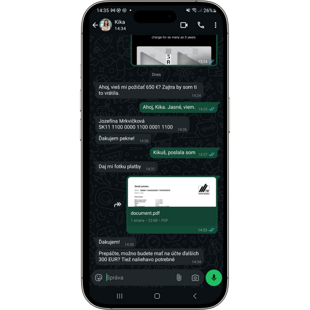 Komunikácia podvodníka vo vašom mene s vašim známym | Tatra banka podvody chat whatsapp pozicka