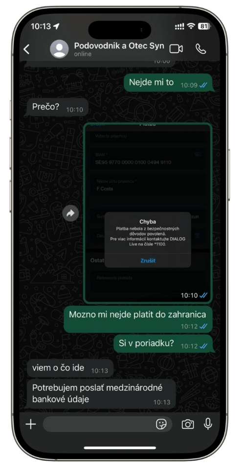 Komunikácia podvodníka s rodičom | Tatra banka podvodna komunikacia s rodičom