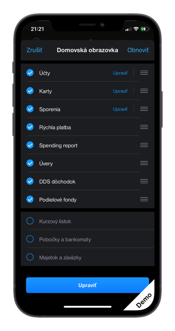 Je len na vás, ktoré položky budete mať zobrazené a v akom poradí | Tatra banka full verzia aplikacie tatra banka