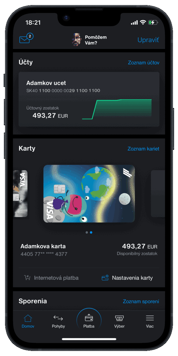 Zobrazenie a manažment detských platobných kariet | Tatra banka detske karty v aplikacii tatra banka