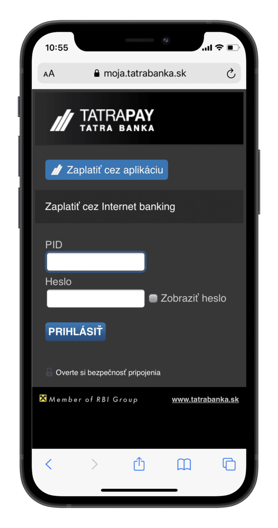 Zvolíte si možnosť Zaplatiť cez aplikáciu | Tatra banka platba cez TatraPay