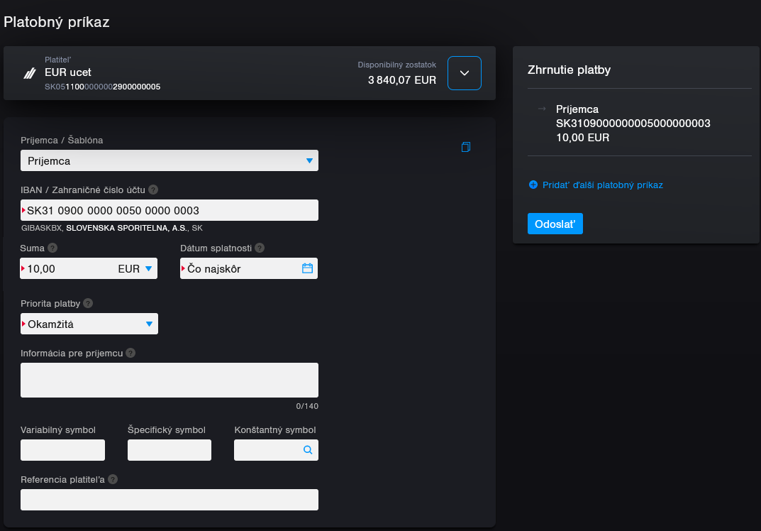 V poli Priorita zvoľte možnosť Okamžitá | Tatra banka okamzita platba internet banking