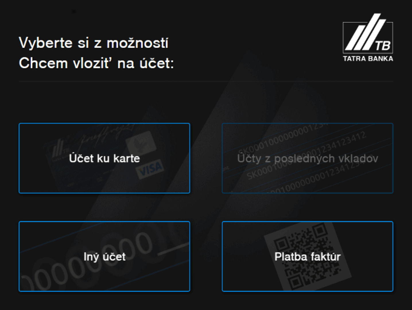 V bankomate zvoľte vklad na iný účet | Tatra banka bankomat vklad vyber vkladomat
