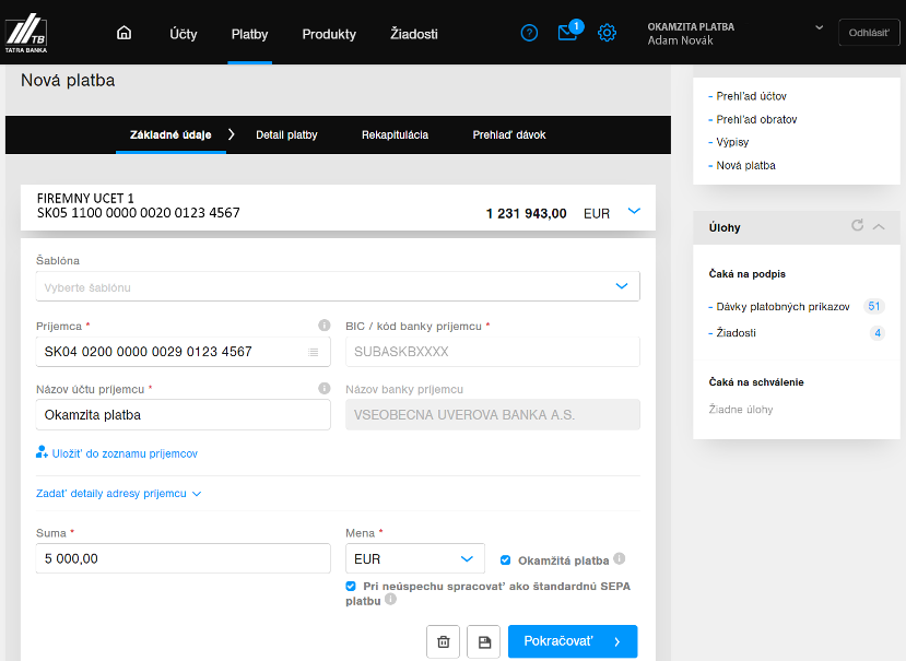 okamzita platba internet banking | Tatra banka okamzita platba v business bankingu