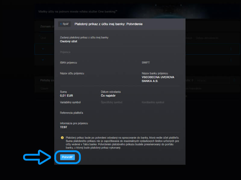 Potvrdenie platobného príkazu Potvrdenie platobného príkazu