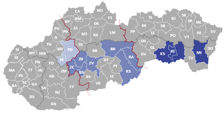 Mapa okresov patriacich pod územia určené na podporu FST | Tatra banka